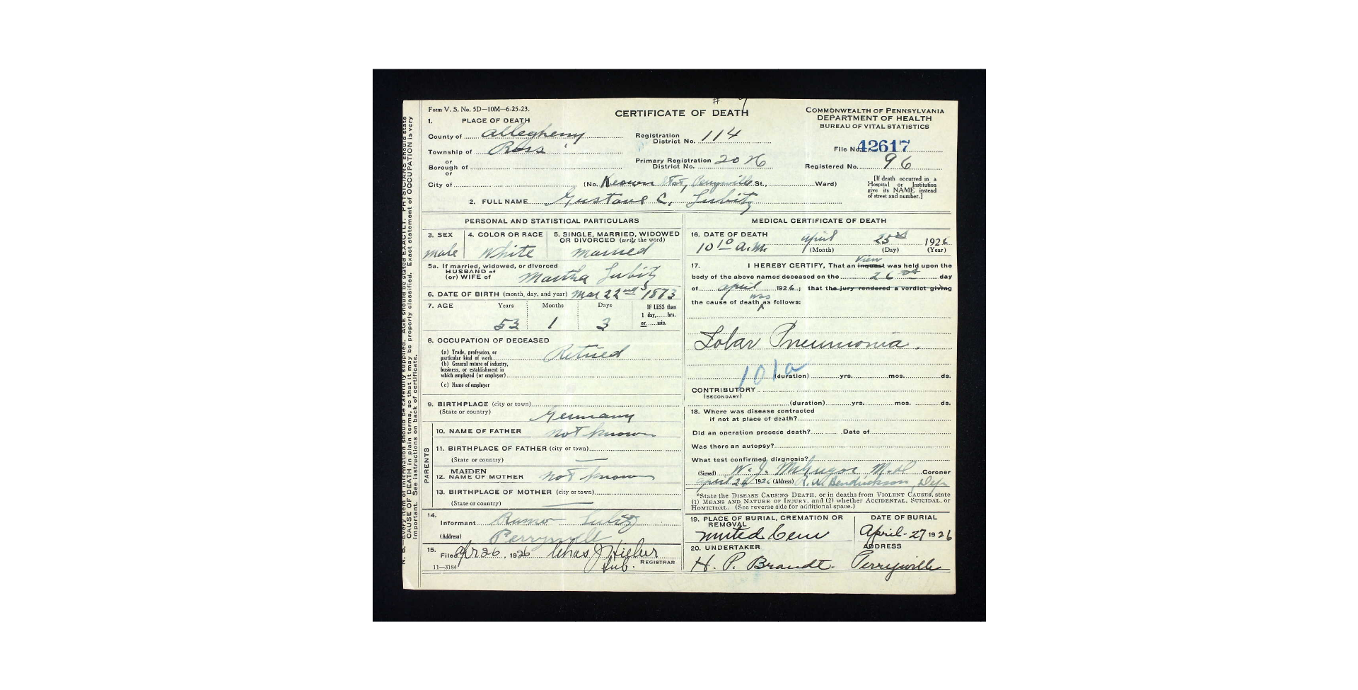 Gustav Jr. Death Certificate 1926