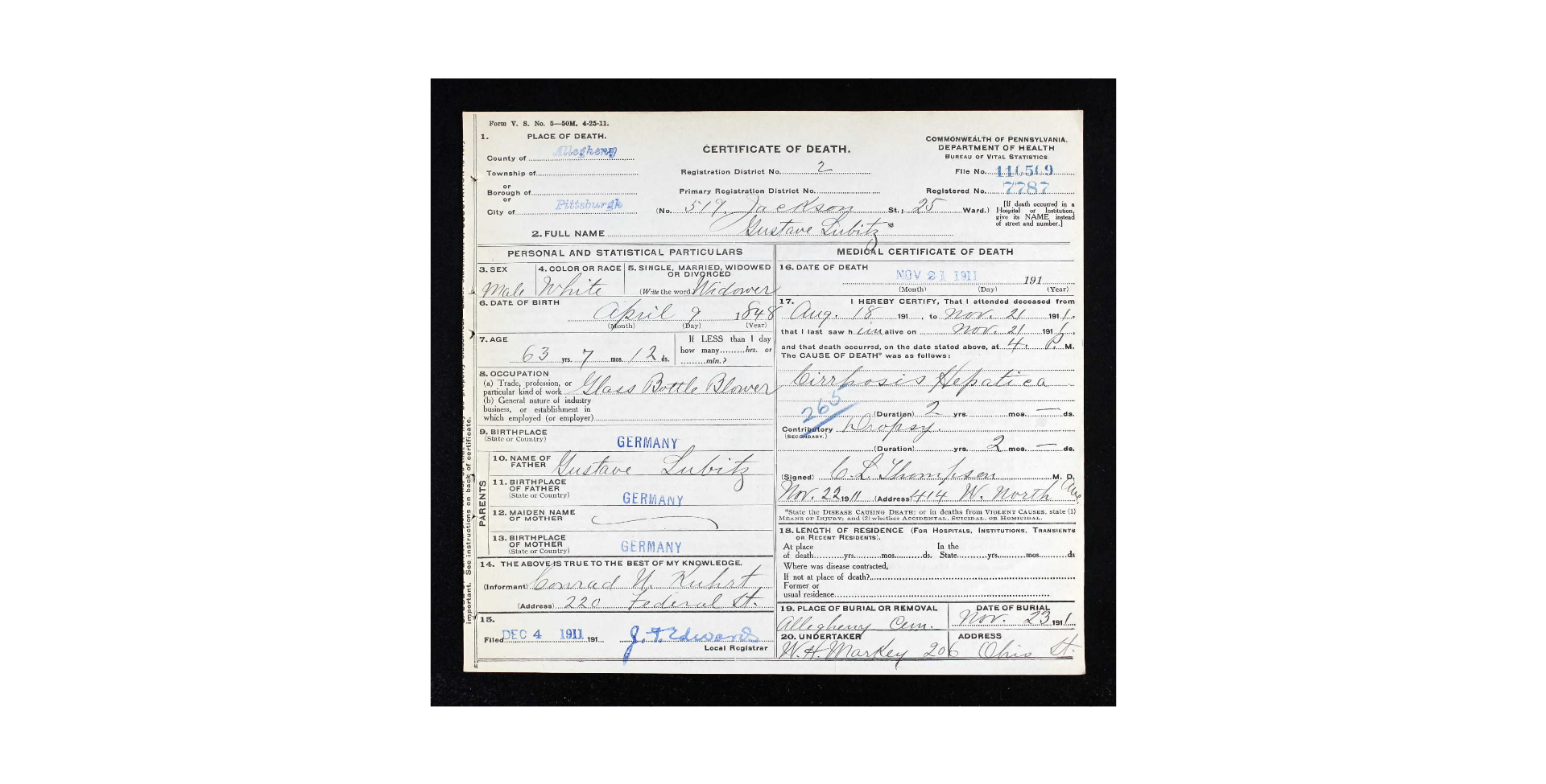Gustav Sr. Death Certificate 1911